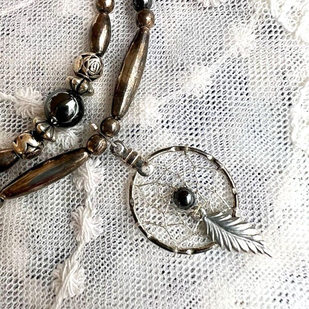 Vintage 70's/80's Silver & Hematite Dreamcatcher Necklace - Picture 2 of 10